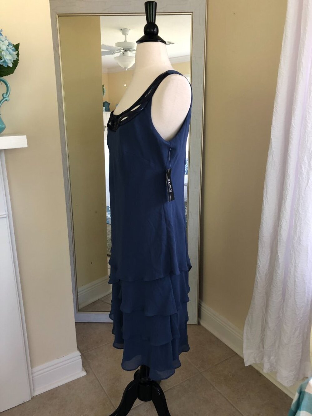 SLNY Tiered Ruffle Blue Cocktail Chiffon Dress 14P Mermaid - Picture 4 of 12